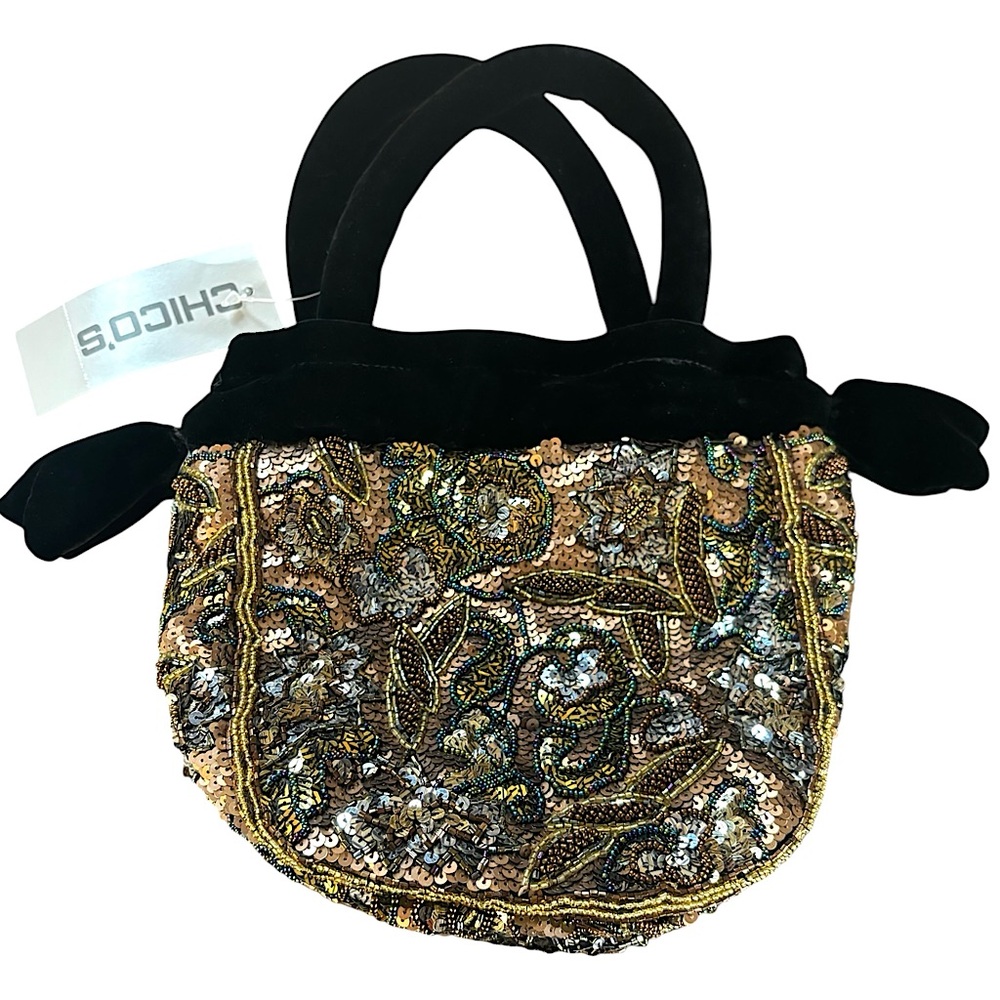 Chico’s Beaded Sequin Flapper 20s Great Gatsby Velvet Bucket Bag Purse Gold New